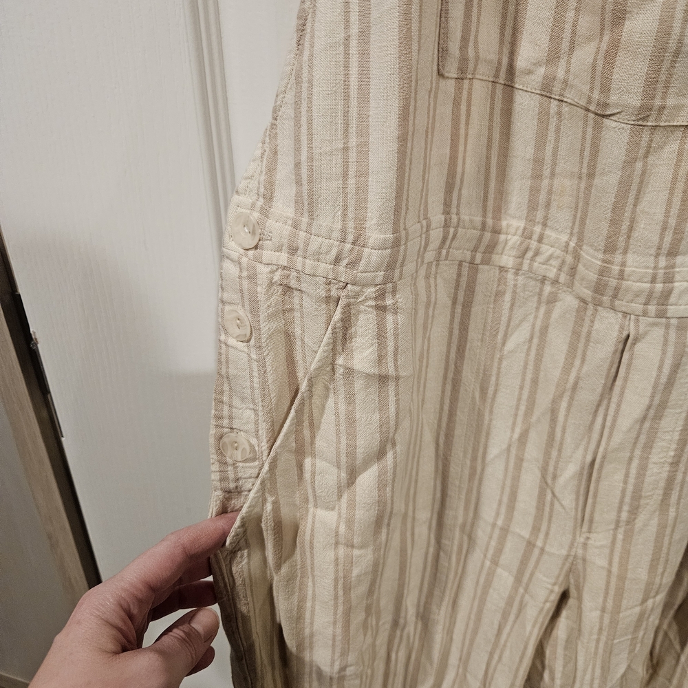 Cloth & Stone Anthropologie Cream Tan Stripe Linen Blend Comfy Overalls SZ XS - Picture 5 of 6